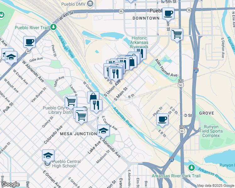 map of restaurants, bars, coffee shops, grocery stores, and more near 400 South Union Avenue in Pueblo