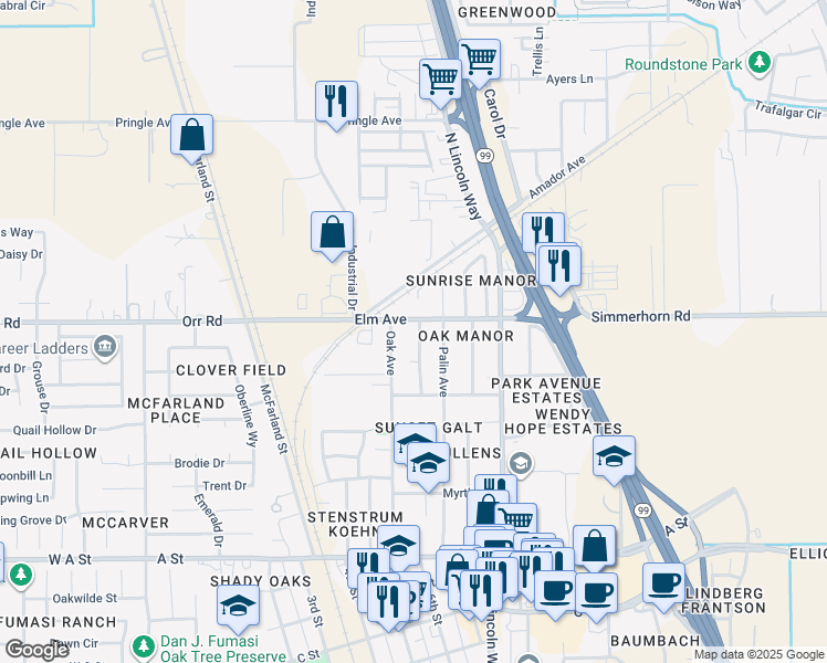 map of restaurants, bars, coffee shops, grocery stores, and more near 382 Crescent Drive in Galt
