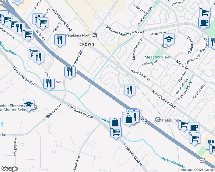 map of restaurants, bars, coffee shops, grocery stores, and more near 11 North Napa Drive in Petaluma