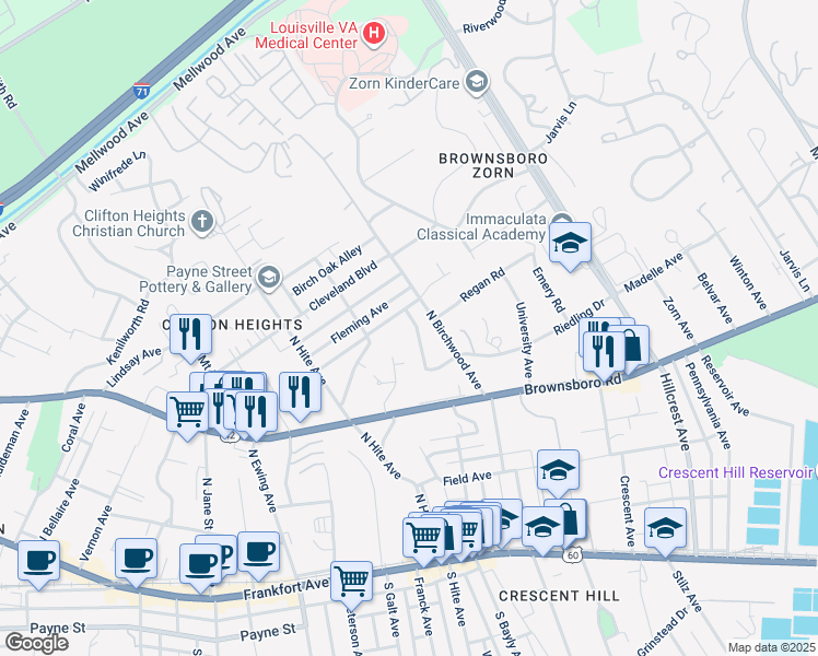 map of restaurants, bars, coffee shops, grocery stores, and more near 2705 Riedling Drive in Louisville