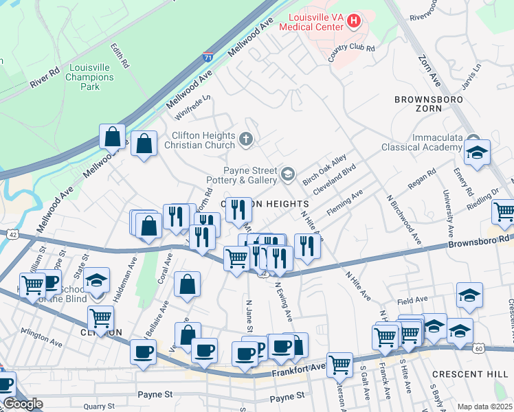 map of restaurants, bars, coffee shops, grocery stores, and more near in Louisville