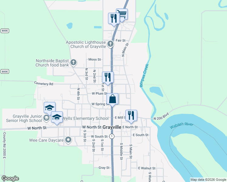 map of restaurants, bars, coffee shops, grocery stores, and more near 501-599 North Court Street in Grayville