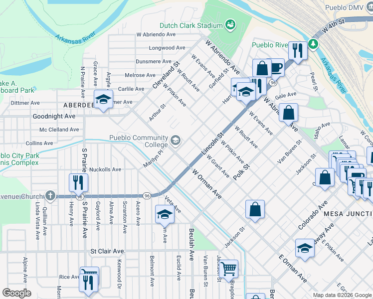 map of restaurants, bars, coffee shops, grocery stores, and more near 518 Harrison Street in Pueblo