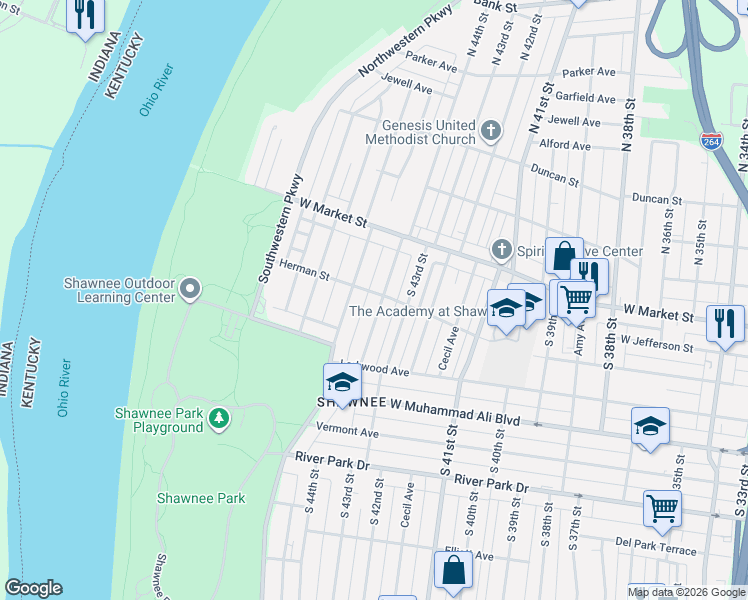 map of restaurants, bars, coffee shops, grocery stores, and more near 301 South Shawnee Terrace in Louisville