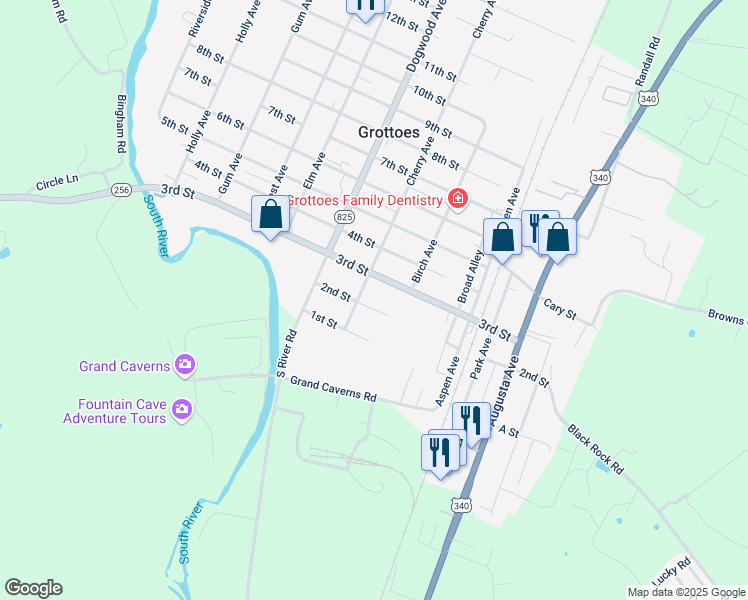 map of restaurants, bars, coffee shops, grocery stores, and more near 206 2nd Street in Grottoes