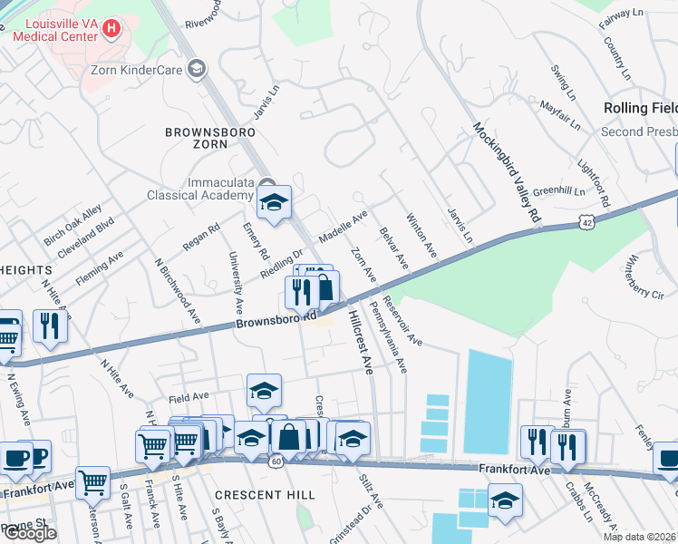 map of restaurants, bars, coffee shops, grocery stores, and more near 322 Zorn Avenue in Louisville