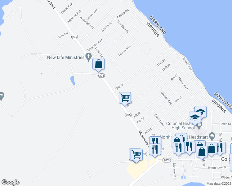 map of restaurants, bars, coffee shops, grocery stores, and more near 2005 McKinney Boulevard in Colonial Beach