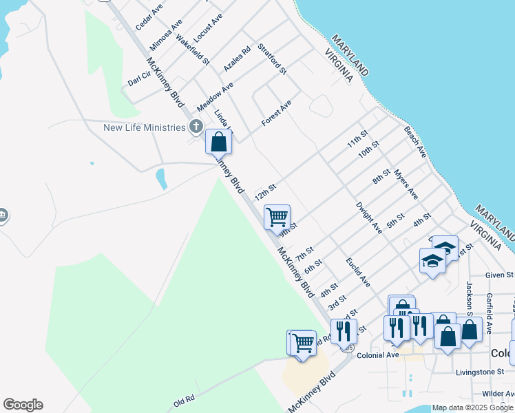map of restaurants, bars, coffee shops, grocery stores, and more near 2005 McKinney Boulevard in Colonial Beach