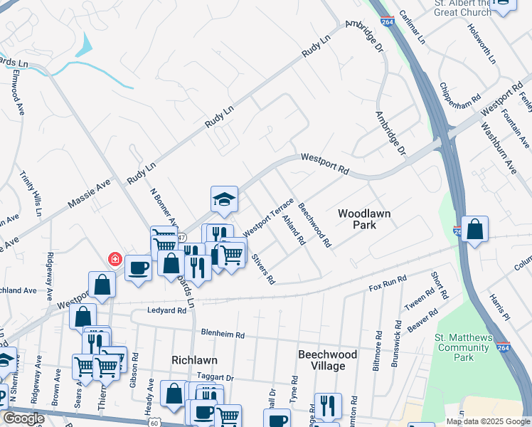 map of restaurants, bars, coffee shops, grocery stores, and more near 4249 Westport Terrace in Louisville