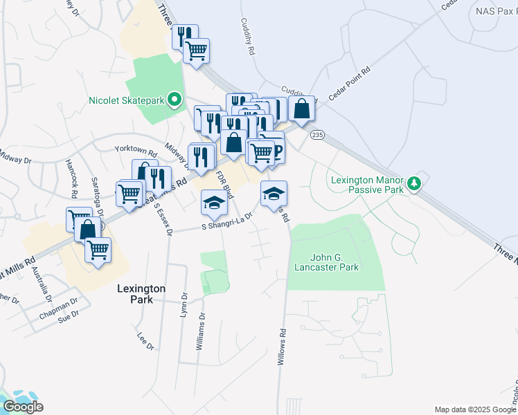 map of restaurants, bars, coffee shops, grocery stores, and more near 46841 South Shangri-La Drive in Lexington Park