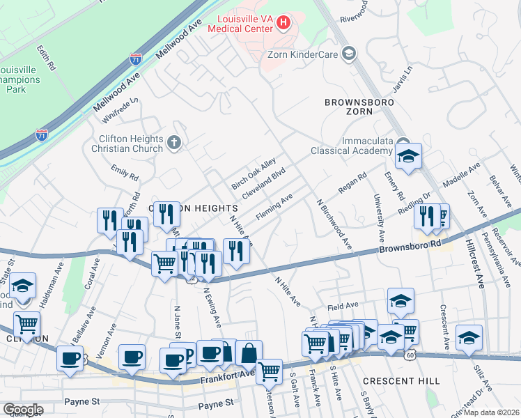 map of restaurants, bars, coffee shops, grocery stores, and more near 2737 Fleming Avenue in Louisville