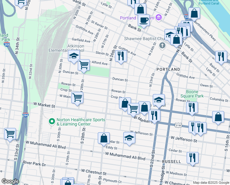map of restaurants, bars, coffee shops, grocery stores, and more near 2532 Rowan Street in Louisville