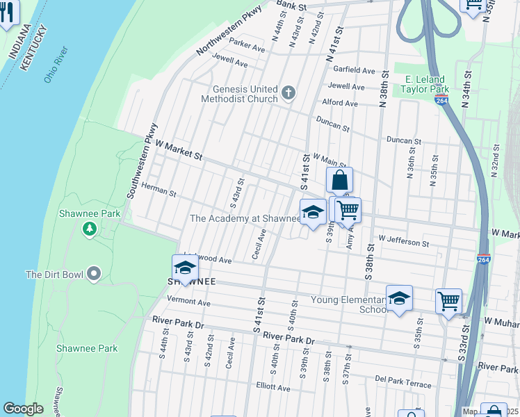 map of restaurants, bars, coffee shops, grocery stores, and more near 230 South 42nd Street in Louisville