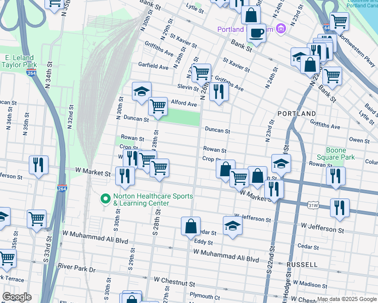 map of restaurants, bars, coffee shops, grocery stores, and more near 2608 Rowan Street in Louisville