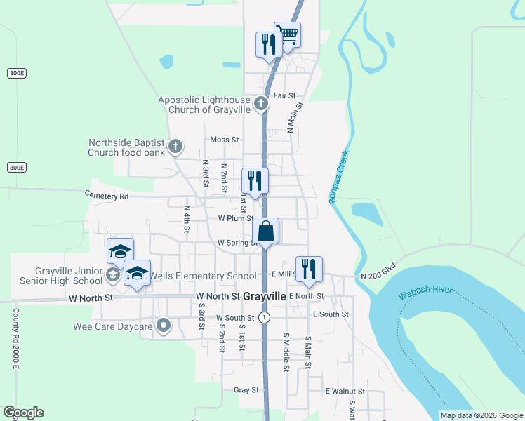 map of restaurants, bars, coffee shops, grocery stores, and more near 501 North Court in Grayville