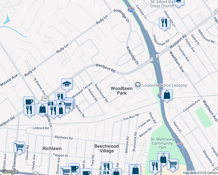 map of restaurants, bars, coffee shops, grocery stores, and more near 4312 Wingate Road in Louisville