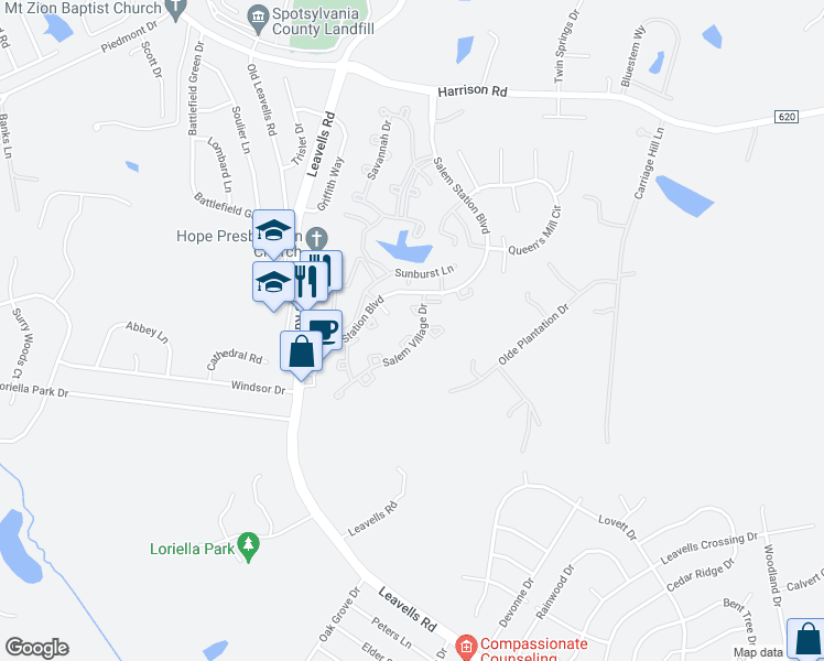 map of restaurants, bars, coffee shops, grocery stores, and more near 11230 Wedgemere Court in Fredericksburg