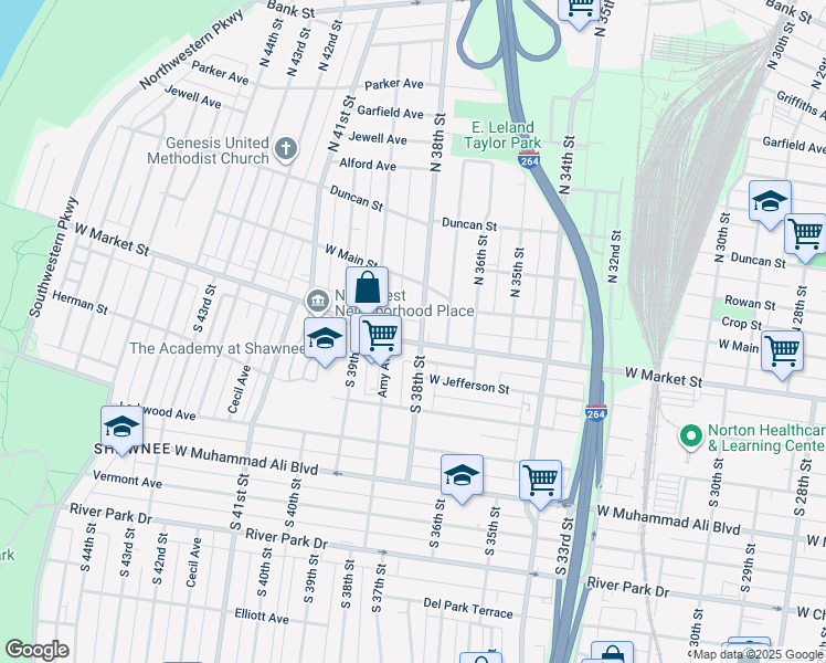map of restaurants, bars, coffee shops, grocery stores, and more near 3801 West Market Street in Louisville