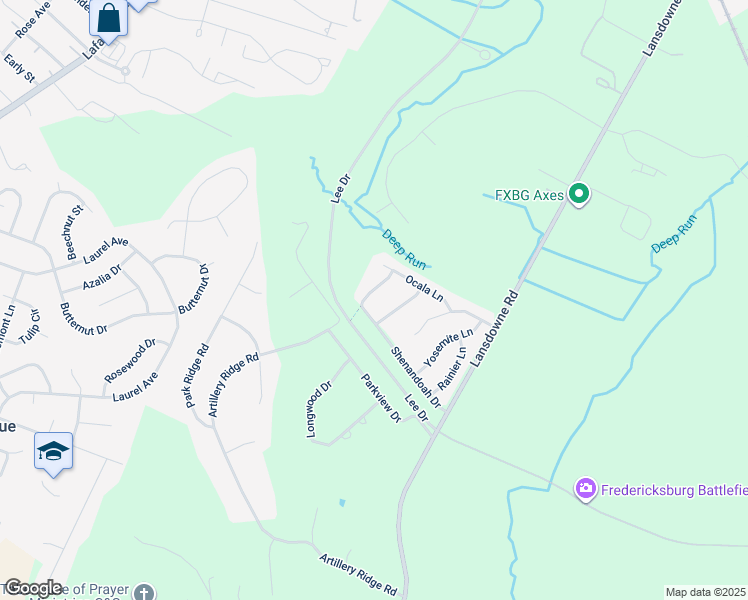 map of restaurants, bars, coffee shops, grocery stores, and more near 9 Sequoia Street in Fredericksburg