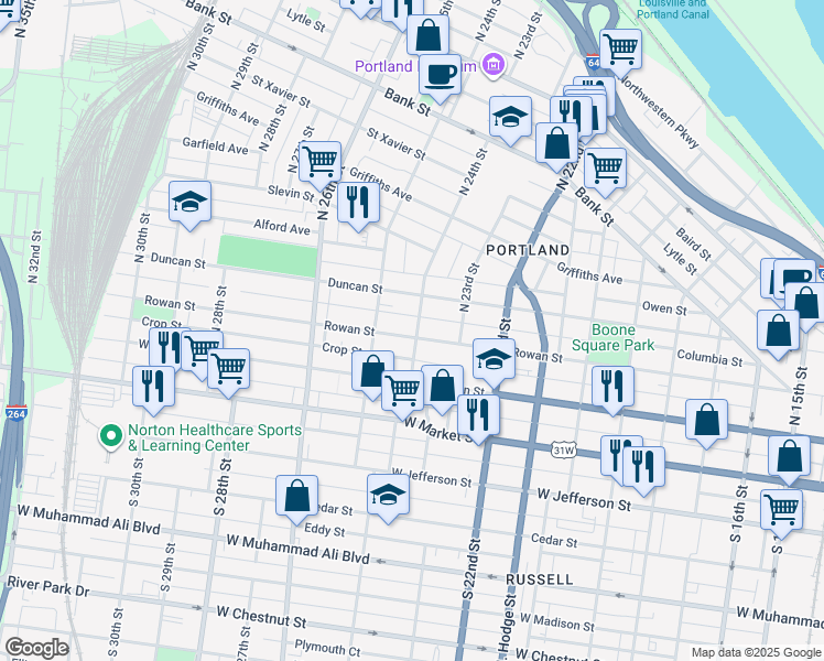 map of restaurants, bars, coffee shops, grocery stores, and more near 2403 Rowan Street in Louisville