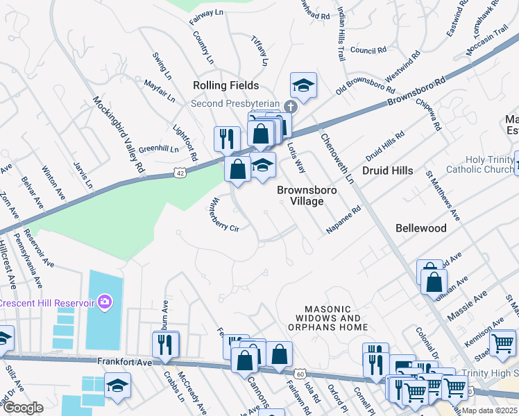 map of restaurants, bars, coffee shops, grocery stores, and more near 312 Pepperbush Rd in Louisville