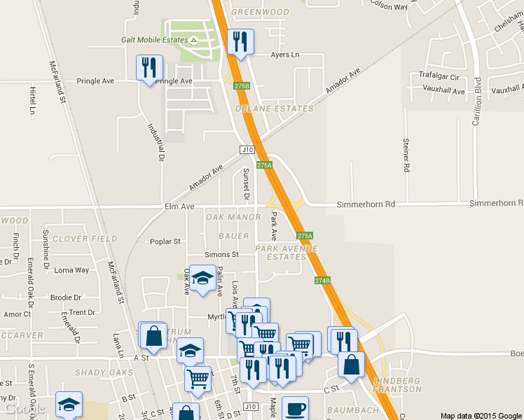 map of restaurants, bars, coffee shops, grocery stores, and more near 357 North Lincoln Way in Galt