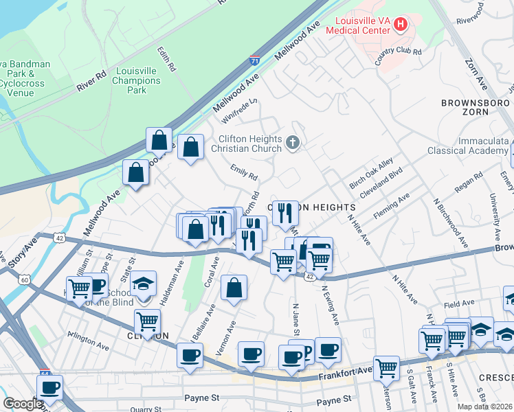 map of restaurants, bars, coffee shops, grocery stores, and more near in Louisville