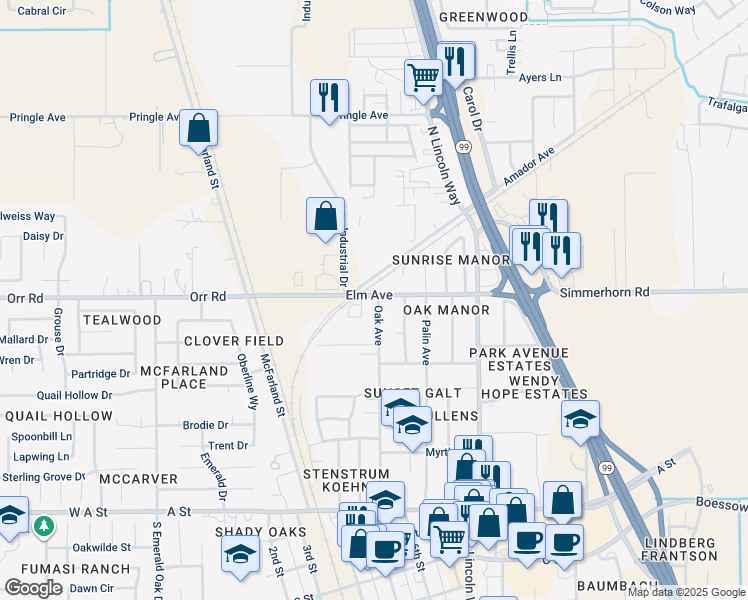 map of restaurants, bars, coffee shops, grocery stores, and more near 366 Oak Avenue in Galt