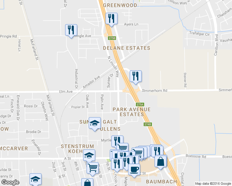 map of restaurants, bars, coffee shops, grocery stores, and more near 362 North Lincoln Way in Galt
