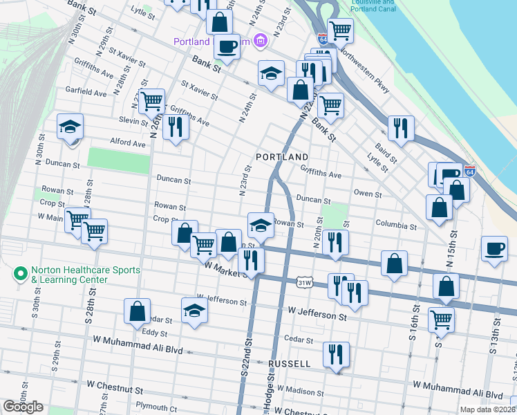 map of restaurants, bars, coffee shops, grocery stores, and more near 2206 Columbia Street in Louisville