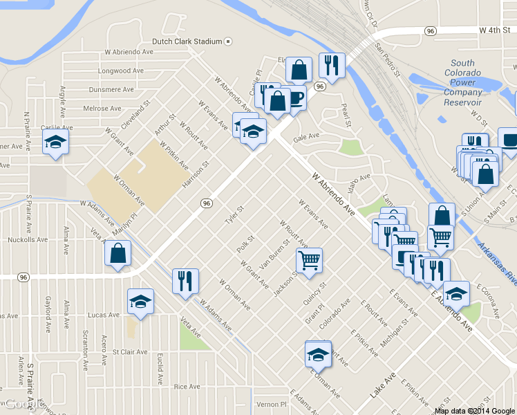 map of restaurants, bars, coffee shops, grocery stores, and more near 518 West Routt Avenue in Pueblo