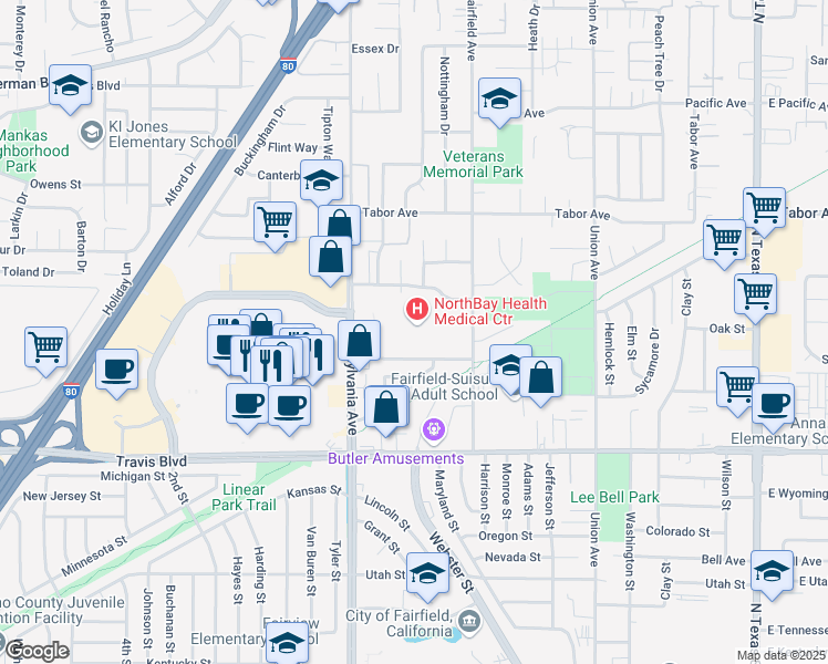 map of restaurants, bars, coffee shops, grocery stores, and more near 1200 B Gale Wilson Boulevard in Fairfield
