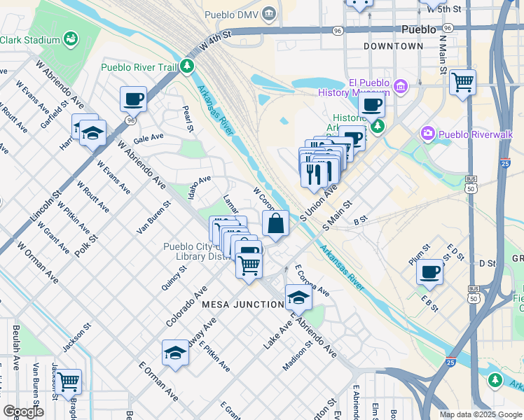 map of restaurants, bars, coffee shops, grocery stores, and more near 101-247 West Corona Avenue in Pueblo