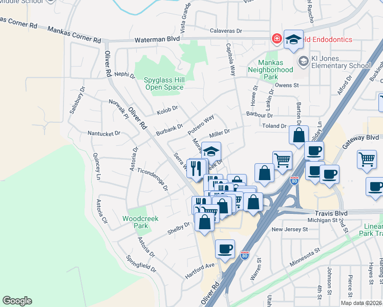 map of restaurants, bars, coffee shops, grocery stores, and more near 3183 Serra Court in Fairfield