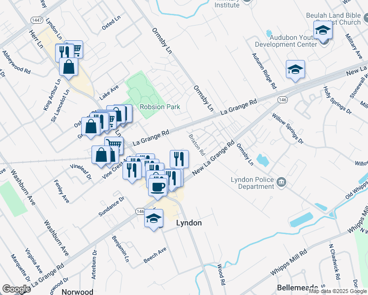 map of restaurants, bars, coffee shops, grocery stores, and more near 701 Grant Avenue in Louisville