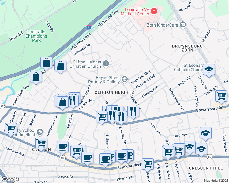 map of restaurants, bars, coffee shops, grocery stores, and more near 2634 Lindsay Avenue in Louisville