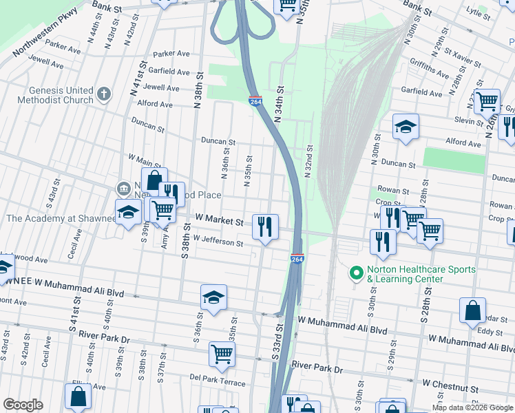 map of restaurants, bars, coffee shops, grocery stores, and more near 3408 West Main Street in Louisville