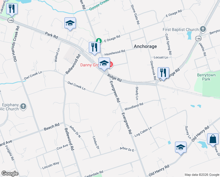 map of restaurants, bars, coffee shops, grocery stores, and more near 1109 Evergreen Road in Louisville
