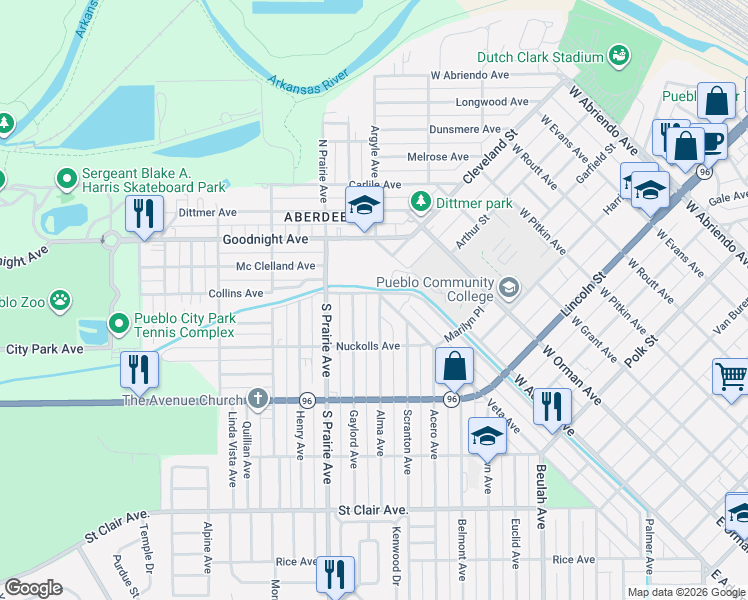 map of restaurants, bars, coffee shops, grocery stores, and more near 945 Veta Ave in Pueblo