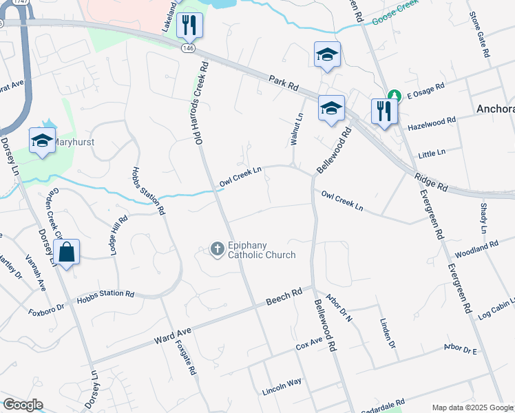 map of restaurants, bars, coffee shops, grocery stores, and more near 11109 Cherry Lane in Louisville