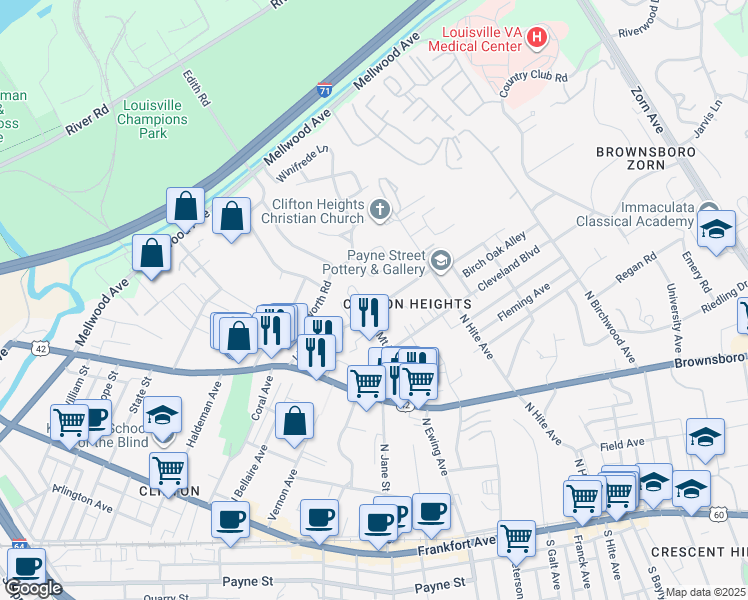 map of restaurants, bars, coffee shops, grocery stores, and more near 2603 Lindsay Avenue in Louisville
