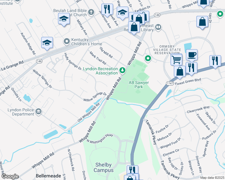 map of restaurants, bars, coffee shops, grocery stores, and more near Whipps Mill Road in Lyndon