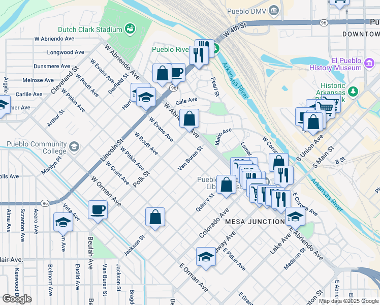 map of restaurants, bars, coffee shops, grocery stores, and more near 131 Van Buren Street in Pueblo