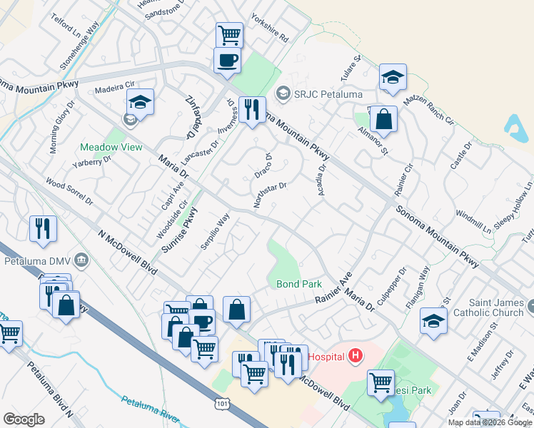map of restaurants, bars, coffee shops, grocery stores, and more near 1601 Perseus Court in Petaluma
