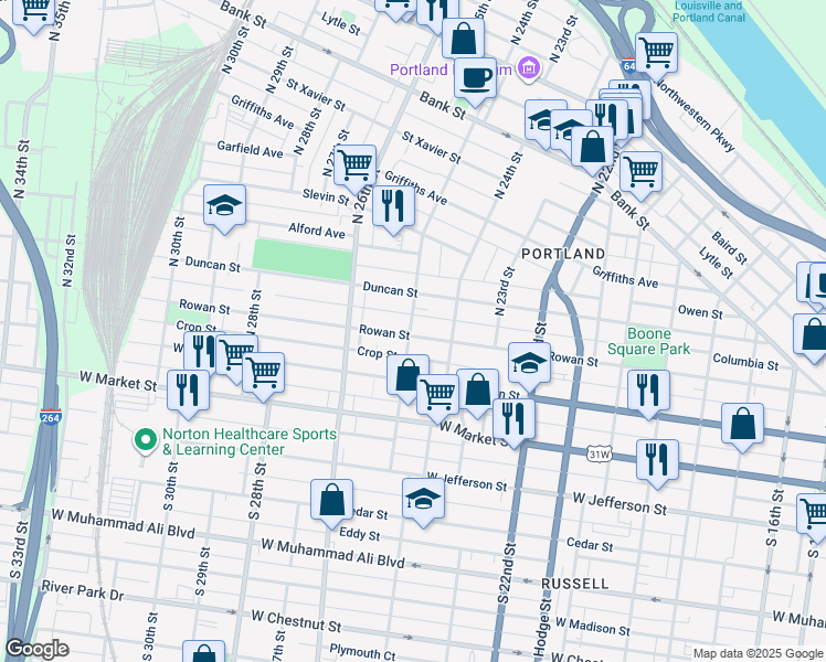 map of restaurants, bars, coffee shops, grocery stores, and more near 201 North 25th Street in Louisville