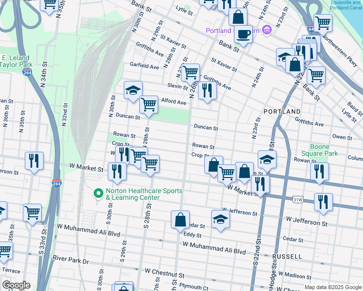 map of restaurants, bars, coffee shops, grocery stores, and more near 2608 Rowan Street in Louisville