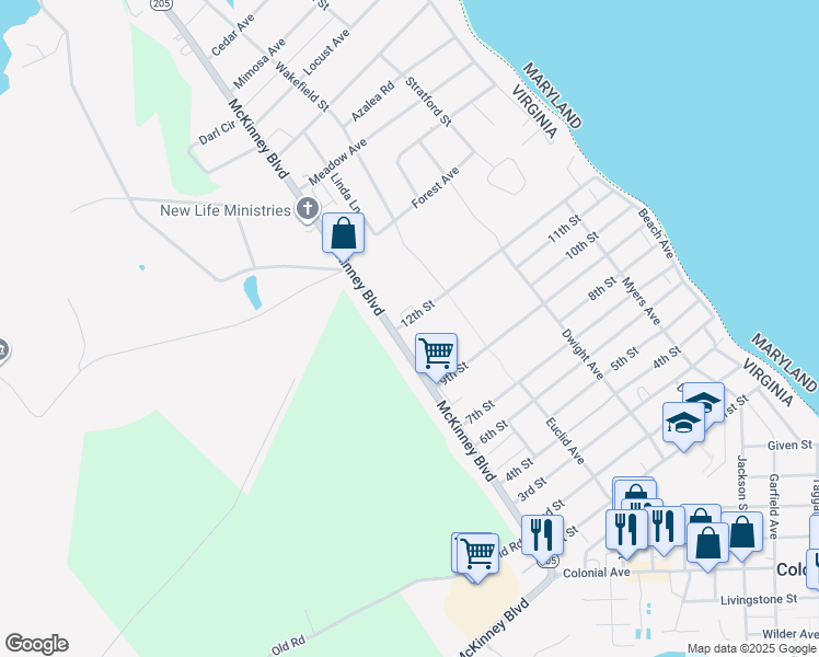 map of restaurants, bars, coffee shops, grocery stores, and more near 340 12th Street in Colonial Beach