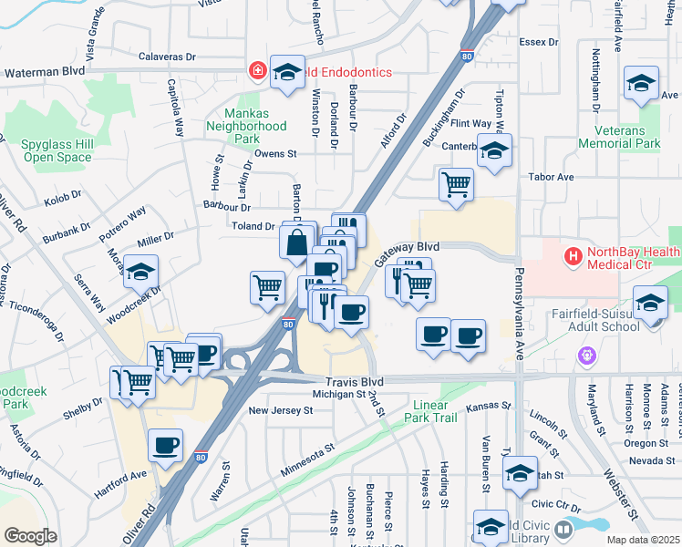 map of restaurants, bars, coffee shops, grocery stores, and more near 1580 Gateway Boulevard in Fairfield