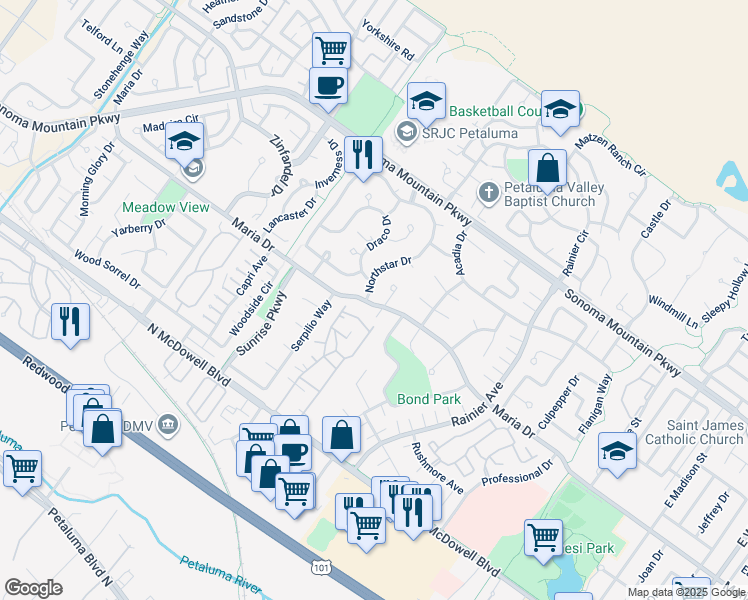 map of restaurants, bars, coffee shops, grocery stores, and more near 562 Maria Drive in Petaluma