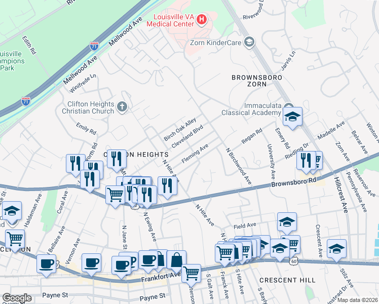 map of restaurants, bars, coffee shops, grocery stores, and more near 2737 Fleming Avenue in Louisville
